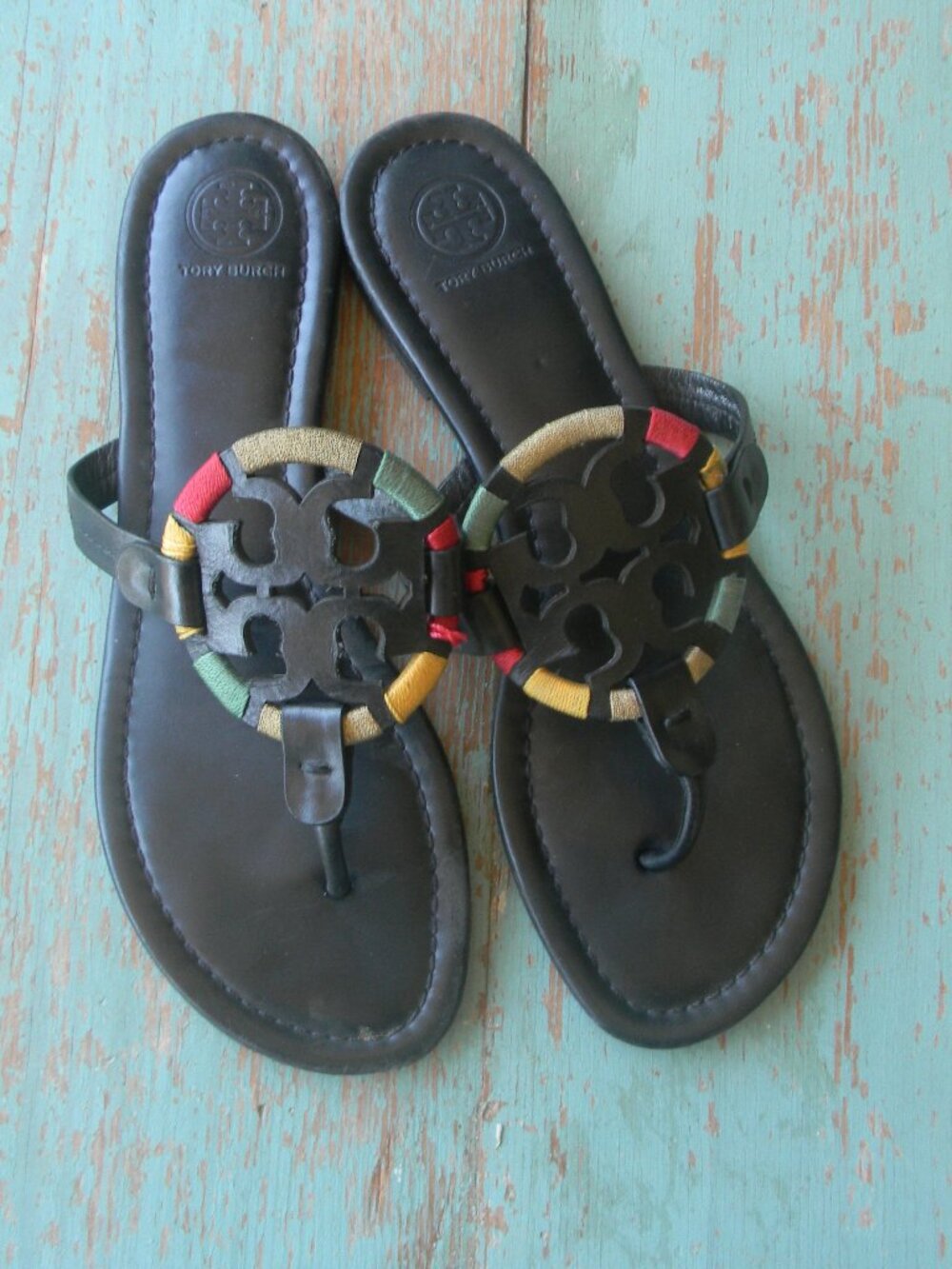 Tory Burch Embroidered Rainbow BLACK LEATHER Miller Sandals  Size 9M